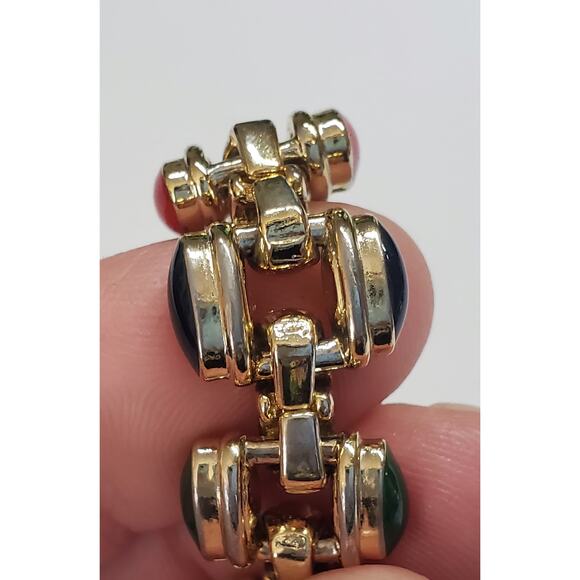 Vintage Navy Blue Red & Green Enamel Gold Tone Link Bracelet 8" - Picture 8 of 8